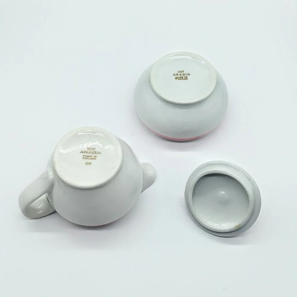 Arabia Finland Ribbons Pink Mini Covered Sugar Bowl & Creamer Pitcher Set - Picture 4 of 8